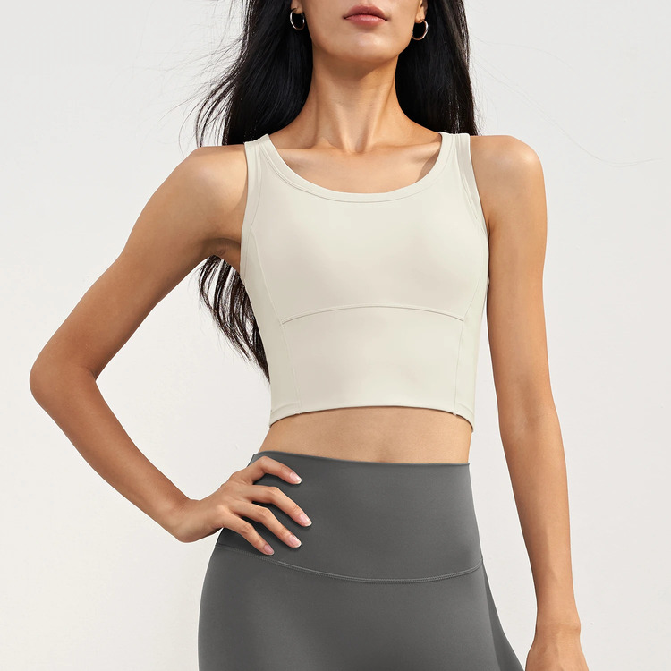 Wide Straps Women Tank Tops Fixed Cups Round Neck Yoga Sport Bras