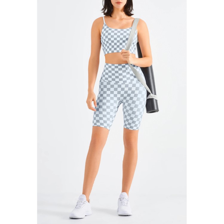 Women Checkerboard Workout Legging High Waist Butt Lift Yoga Bike Shorts